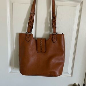 Braided-Strap Tan Shoulder Tote Bag